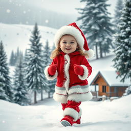A joyful and cute beauty child wearing a traditional Santa outfit, walking through a picturesque winter wonderland filled with gently falling snow