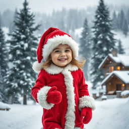 A joyful and cute beauty child wearing a traditional Santa outfit, walking through a picturesque winter wonderland filled with gently falling snow