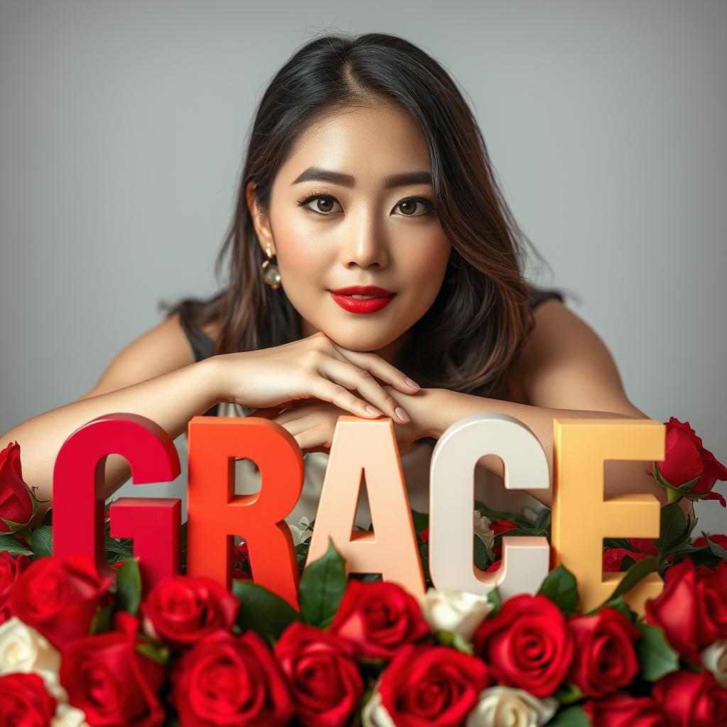 A beautiful Korean woman posing elegantly and captivatingly, with her chin resting on bold capital letters spelling 'GRACE' in vibrant colors