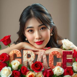 A beautiful Korean woman posing elegantly and captivatingly, with her chin resting on bold capital letters spelling 'GRACE' in vibrant colors