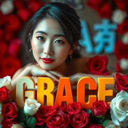 A beautiful Korean woman posing elegantly and captivatingly, with her chin resting on bold capital letters spelling 'GRACE' in vibrant colors