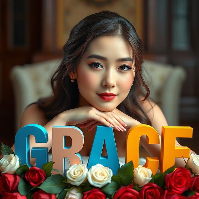 A beautiful Korean woman posing elegantly and captivatingly, with her chin resting on bold capital letters spelling 'GRACE' in vibrant colors