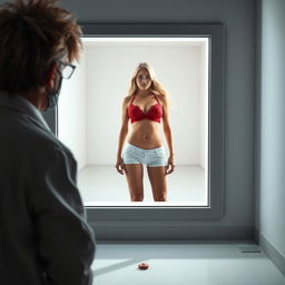 An intense scene featuring a crazy scientist with wild hair and a lab coat, gazing intently through a large window into the center of a spacious, empty isolation room
