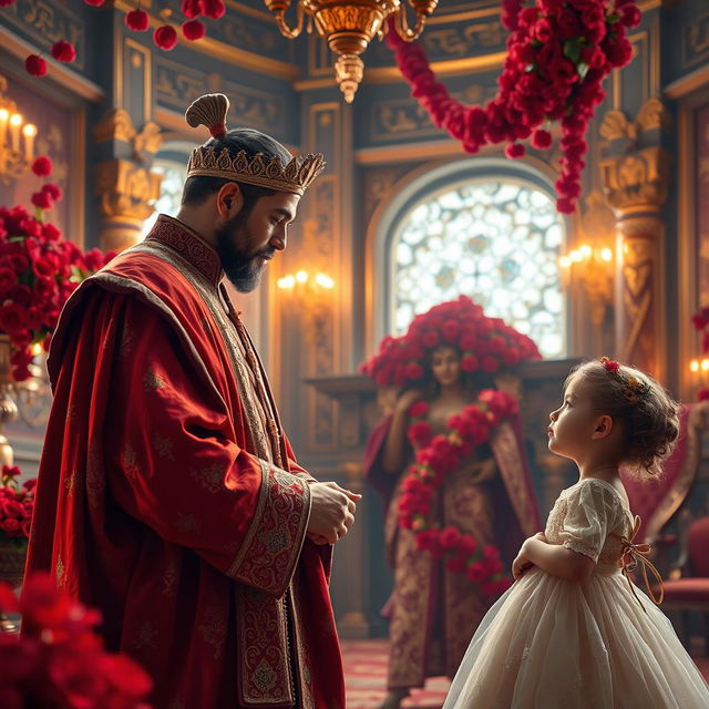 A captivating scene in a royal palace depicting a king engaged in a heartfelt conversation with his young daughter