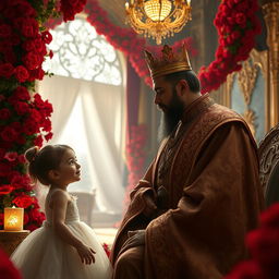 A captivating scene in a royal palace depicting a king engaged in a heartfelt conversation with his young daughter