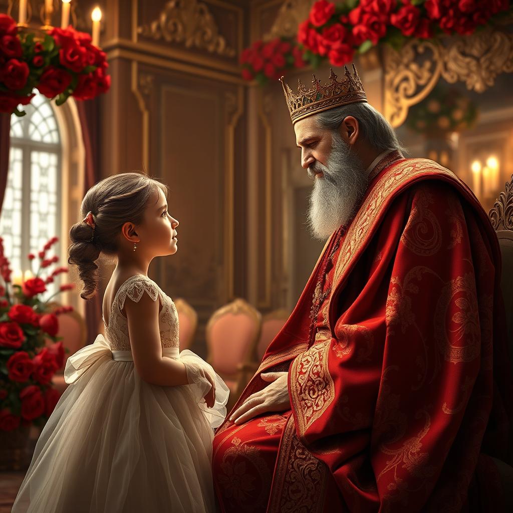 A captivating scene in a royal palace depicting a king engaged in a heartfelt conversation with his young daughter