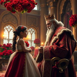 A captivating scene in a royal palace depicting a king engaged in a heartfelt conversation with his young daughter