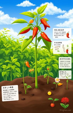 A vibrant, educational scene focused on the growth and development of plants, specifically emphasizing the Hiyung chili plant