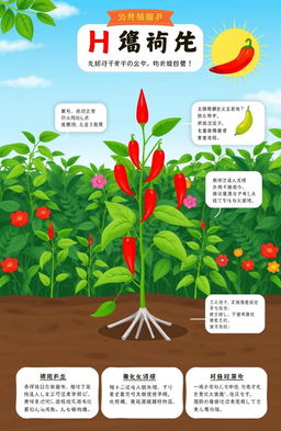 A vibrant, educational scene focused on the growth and development of plants, specifically emphasizing the Hiyung chili plant