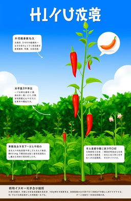 A vibrant, educational scene focused on the growth and development of plants, specifically emphasizing the Hiyung chili plant