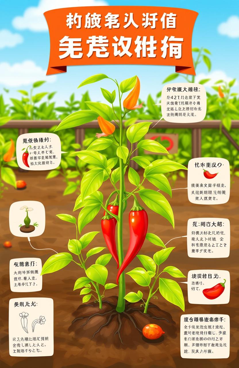 A vibrant, educational scene focused on the growth and development of plants, specifically emphasizing the Hiyung chili plant