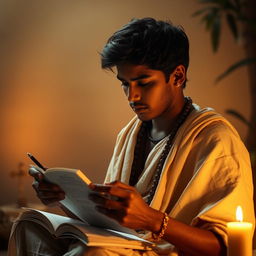 A serene portrait of a young Hindu man wearing a traditional dhoti and a shawl, deeply engrossed in the act of writing a sacred text