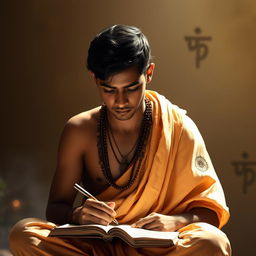 A serene portrait of a young Hindu man wearing a traditional dhoti and a shawl, deeply engrossed in the act of writing a sacred text