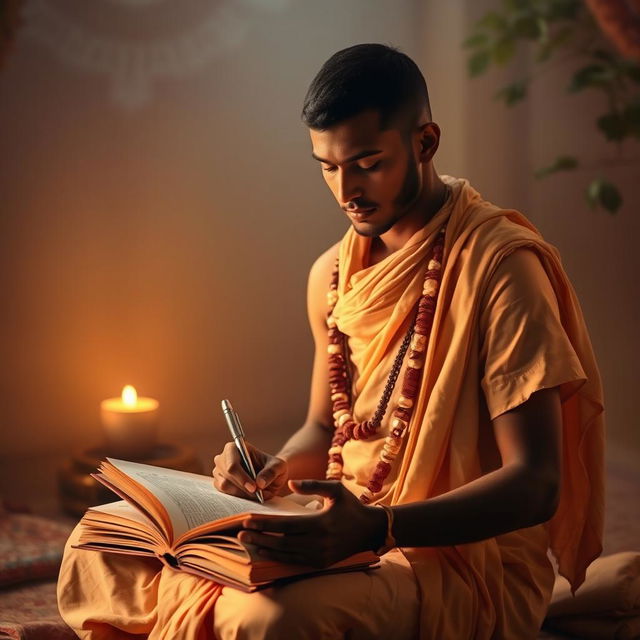 A serene portrait of a young Hindu man wearing a traditional dhoti and a shawl, deeply engrossed in the act of writing a sacred text