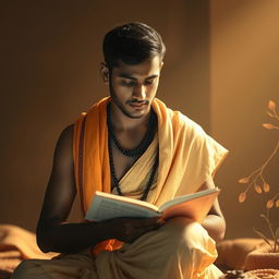 A serene portrait of a young Hindu man wearing a traditional dhoti and a shawl, deeply engrossed in the act of writing a sacred text