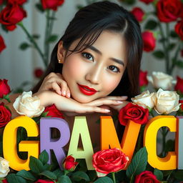 A beautiful Korean woman posing elegantly and charmingly, with her chin resting on colorful letters spelling 'GRACE'