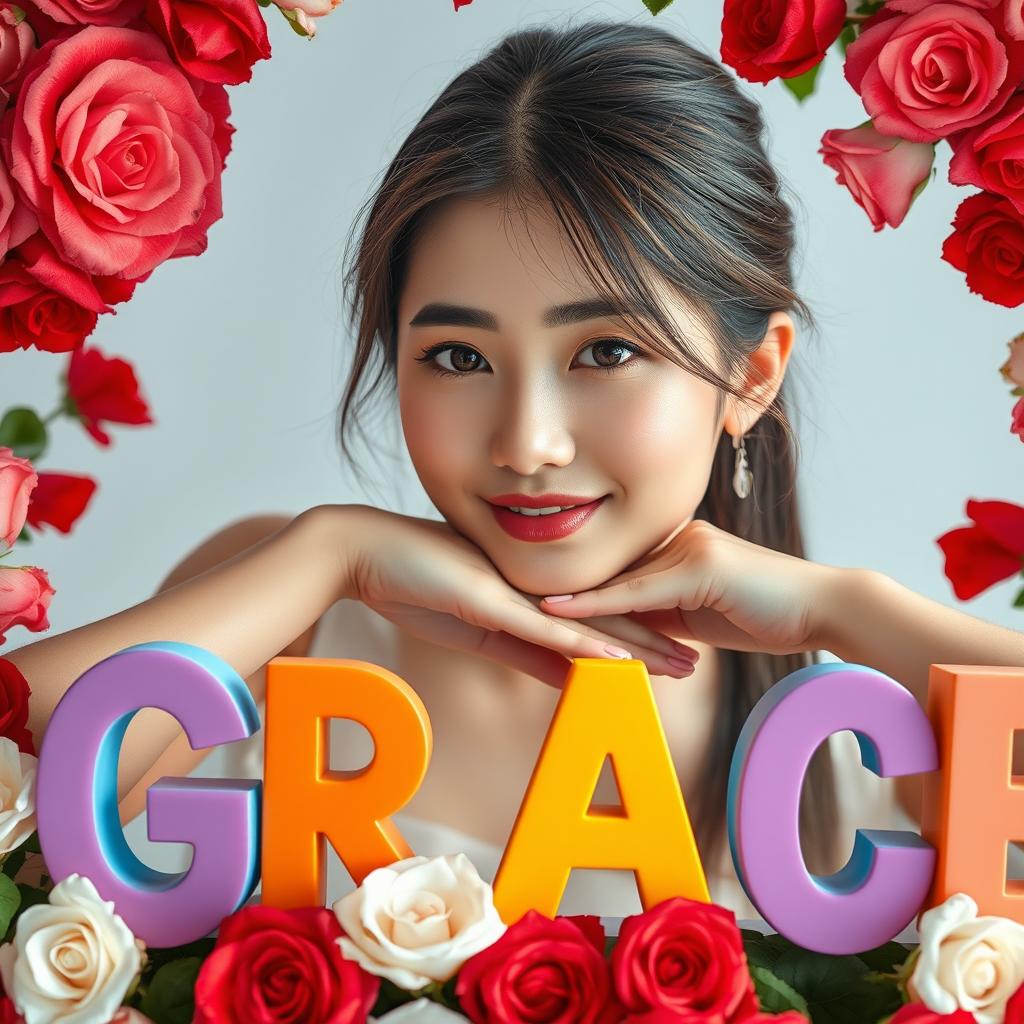 A beautiful Korean woman posing elegantly and charmingly, with her chin resting on colorful letters spelling 'GRACE'