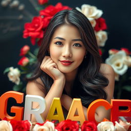 A beautiful Korean woman posing elegantly and charmingly, with her chin resting on colorful letters spelling 'GRACE'