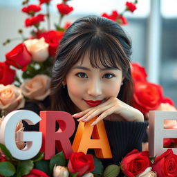 A beautiful Korean woman posing elegantly and charmingly, with her chin resting on colorful letters spelling 'GRACE'