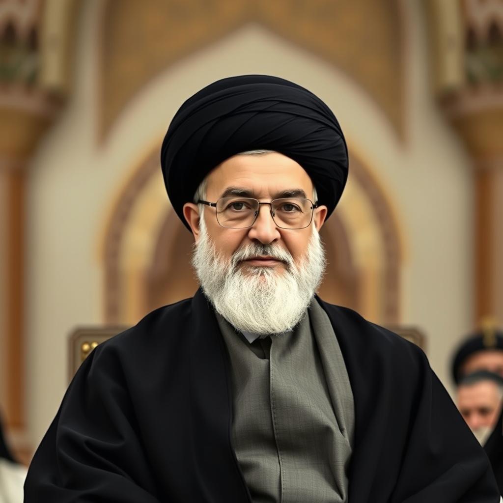 A portrait of Ayatollah Khamenei, the Supreme Leader of Iran, depicted with a wise and authoritative expression