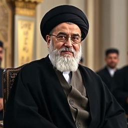 A portrait of Ayatollah Khamenei, the Supreme Leader of Iran, depicted with a wise and authoritative expression
