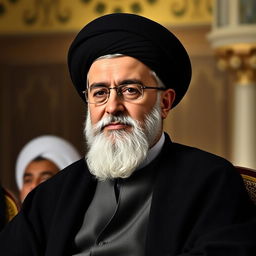 A portrait of Ayatollah Khamenei, the Supreme Leader of Iran, depicted with a wise and authoritative expression