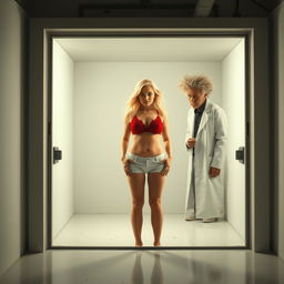 An intense scene depicting a crazy scientist with wild, disheveled hair and a long lab coat, intently watching through a large window into an empty isolation room