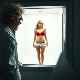 An intense scene depicting a crazy scientist with wild, disheveled hair and a long lab coat, intently watching through a large window into an empty isolation room