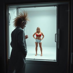 An intense scene depicting a crazy scientist with wild, disheveled hair and a long lab coat, intently watching through a large window into an empty isolation room