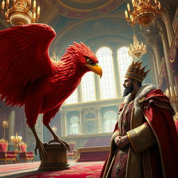A grand scene inside a royal palace, featuring a majestic king adorned in luxurious robes, engaged in conversation with a giant red bird, large enough for a human to ride