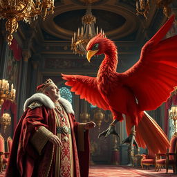 A grand scene inside a royal palace, featuring a majestic king adorned in luxurious robes, engaged in conversation with a giant red bird, large enough for a human to ride