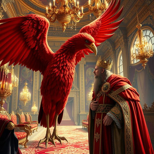 A grand scene inside a royal palace, featuring a majestic king adorned in luxurious robes, engaged in conversation with a giant red bird, large enough for a human to ride