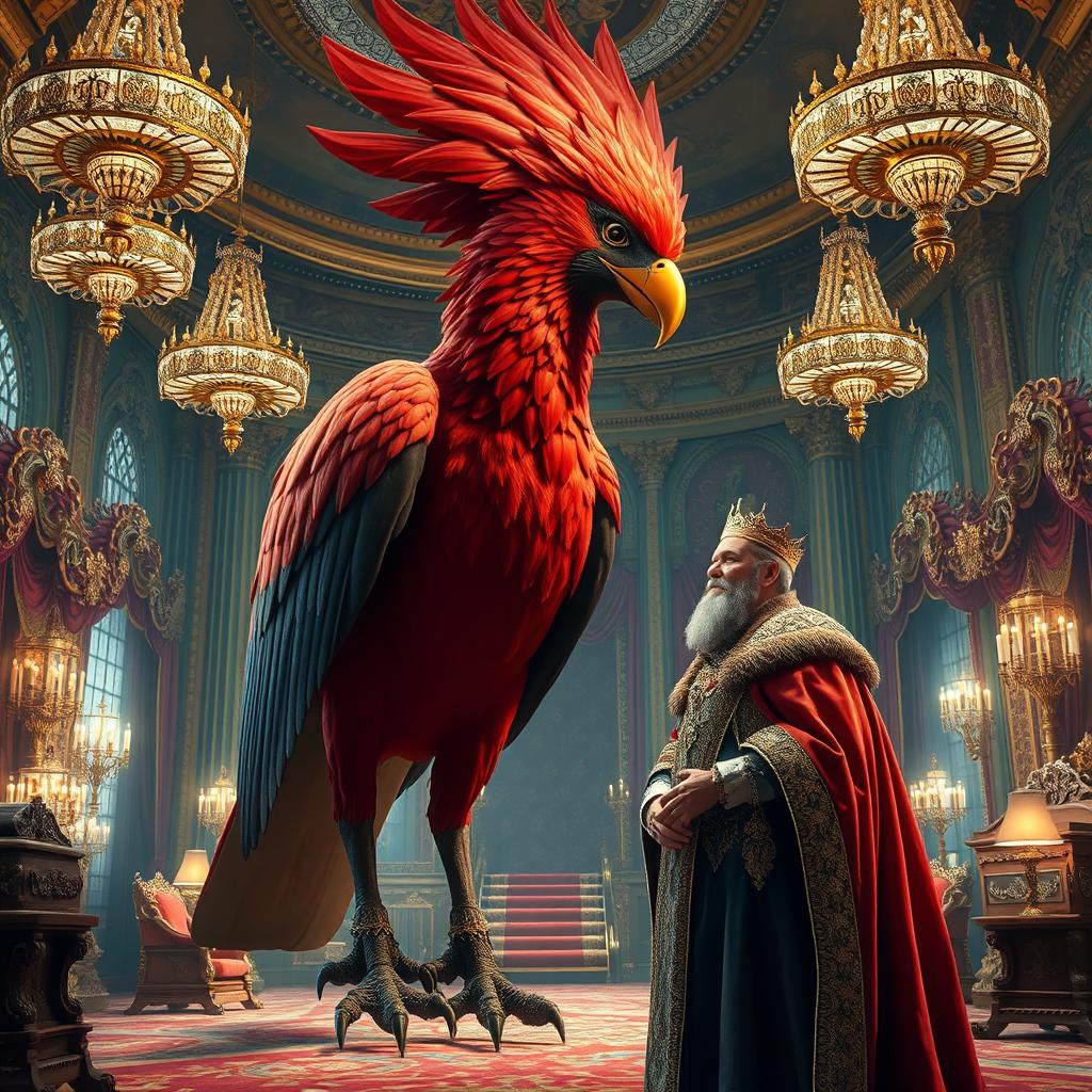 A grand scene inside a royal palace, featuring a majestic king adorned in luxurious robes, engaged in conversation with a giant red bird, large enough for a human to ride
