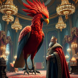 A grand scene inside a royal palace, featuring a majestic king adorned in luxurious robes, engaged in conversation with a giant red bird, large enough for a human to ride
