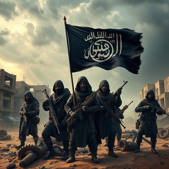 A highly detailed and dramatic representation of a stylized and dystopian faction inspired by self-proclaimed extremist groups, featuring a black flag with Arabic calligraphy, rugged warriors in tactical gear, amidst a desolate urban landscape with crumbling buildings, a sandy atmosphere, and ominous storm clouds overhead