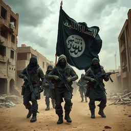 A highly detailed and dramatic representation of a stylized and dystopian faction inspired by self-proclaimed extremist groups, featuring a black flag with Arabic calligraphy, rugged warriors in tactical gear, amidst a desolate urban landscape with crumbling buildings, a sandy atmosphere, and ominous storm clouds overhead
