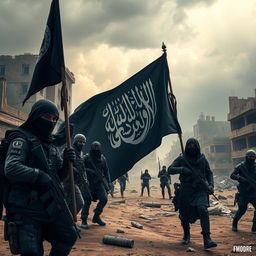A highly detailed and dramatic representation of a stylized and dystopian faction inspired by self-proclaimed extremist groups, featuring a black flag with Arabic calligraphy, rugged warriors in tactical gear, amidst a desolate urban landscape with crumbling buildings, a sandy atmosphere, and ominous storm clouds overhead