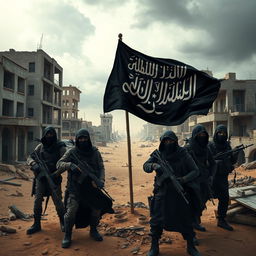 A highly detailed and dramatic representation of a stylized and dystopian faction inspired by self-proclaimed extremist groups, featuring a black flag with Arabic calligraphy, rugged warriors in tactical gear, amidst a desolate urban landscape with crumbling buildings, a sandy atmosphere, and ominous storm clouds overhead