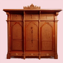 A wooden almirah (wardrobe) with intricate Bengali designs, showcasing the cultural richness and fine craftsmanship of Bengal