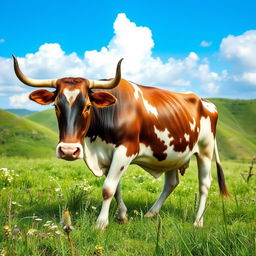 A serene landscape featuring a Nandini cow, characterized by its healthy and majestic appearance, grazing peacefully in a lush green meadow