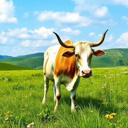 A serene landscape featuring a Nandini cow, characterized by its healthy and majestic appearance, grazing peacefully in a lush green meadow