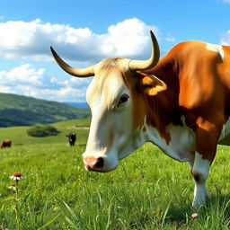 A serene landscape featuring a Nandini cow, characterized by its healthy and majestic appearance, grazing peacefully in a lush green meadow