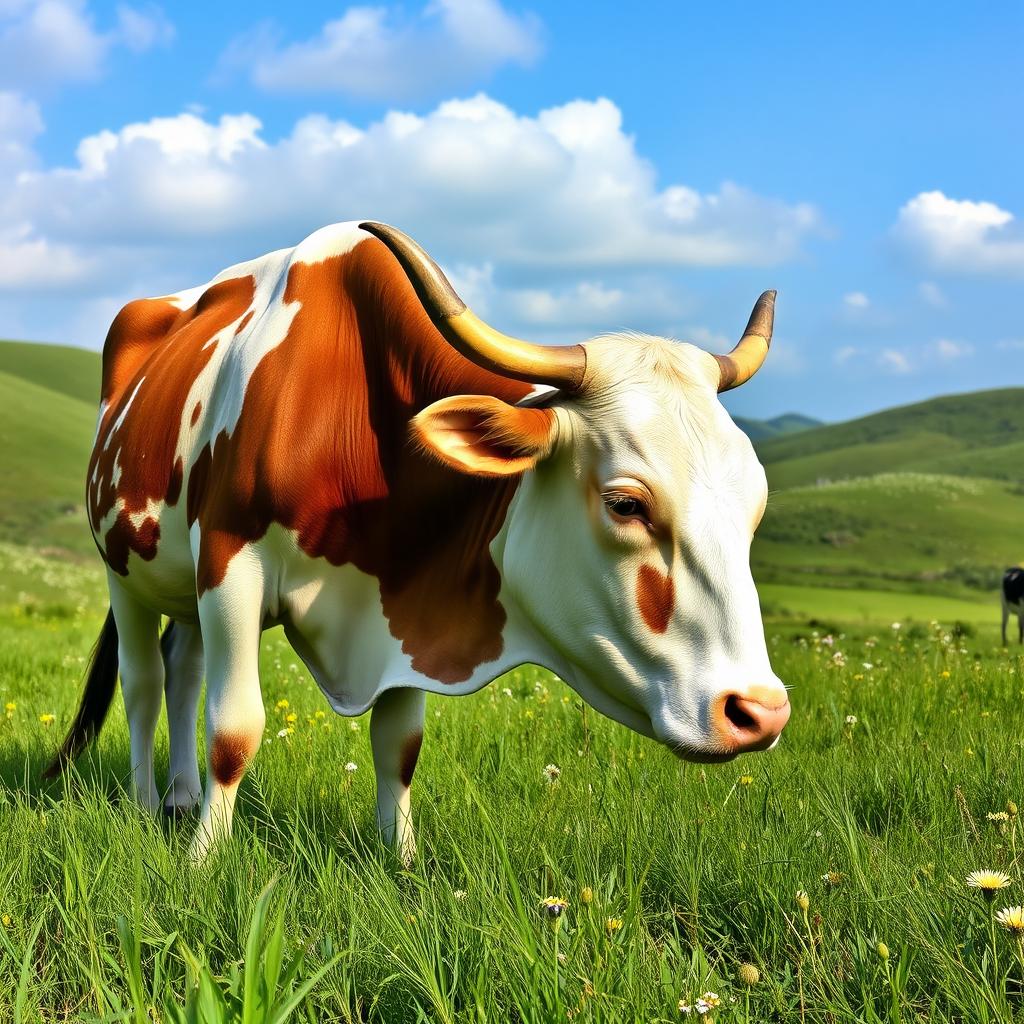 A serene landscape featuring a Nandini cow, characterized by its healthy and majestic appearance, grazing peacefully in a lush green meadow