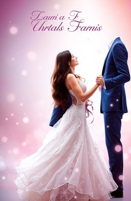 A book cover featuring a tall brunette man in a tailored navy blue suit and a woman with long brown hair, elegantly dressed in a fancy wedding dress