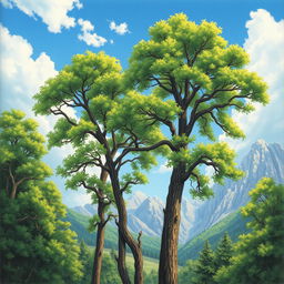 A stunningly detailed drawing of towering trees with lush green foliage and majestic mountains in the background, capturing the serene beauty of nature