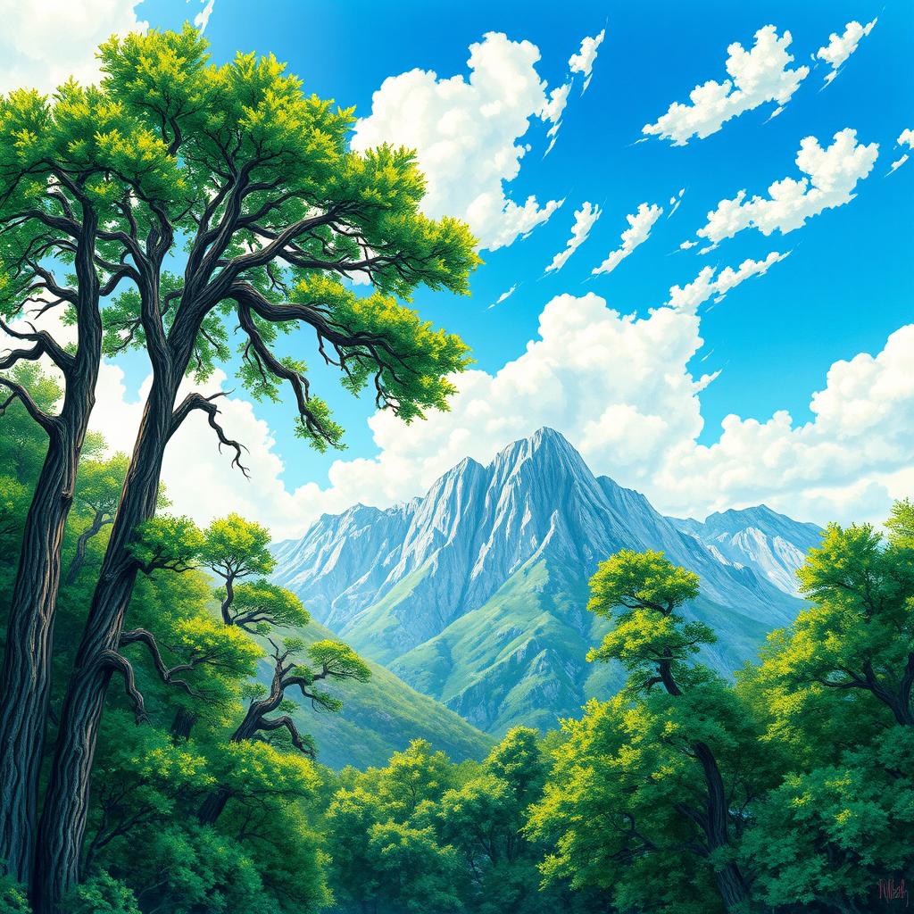 A stunningly detailed drawing of towering trees with lush green foliage and majestic mountains in the background, capturing the serene beauty of nature