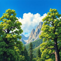 A stunningly detailed drawing of towering trees with lush green foliage and majestic mountains in the background, capturing the serene beauty of nature
