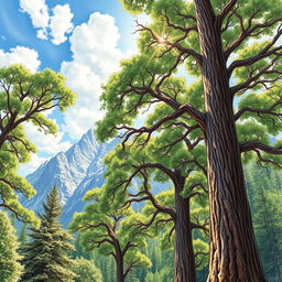 A stunningly detailed drawing of towering trees with lush green foliage and majestic mountains in the background, capturing the serene beauty of nature