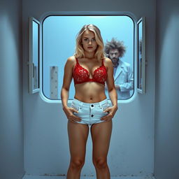 A dramatic scene featuring a stunningly beautiful, curvy 18-year-old blonde girl standing confidently in the center of a small isolation room