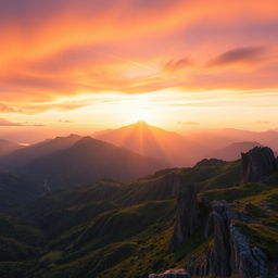 A breathtaking view of a sunrise over majestic mountains, with the sun casting golden rays that illuminate the peaks